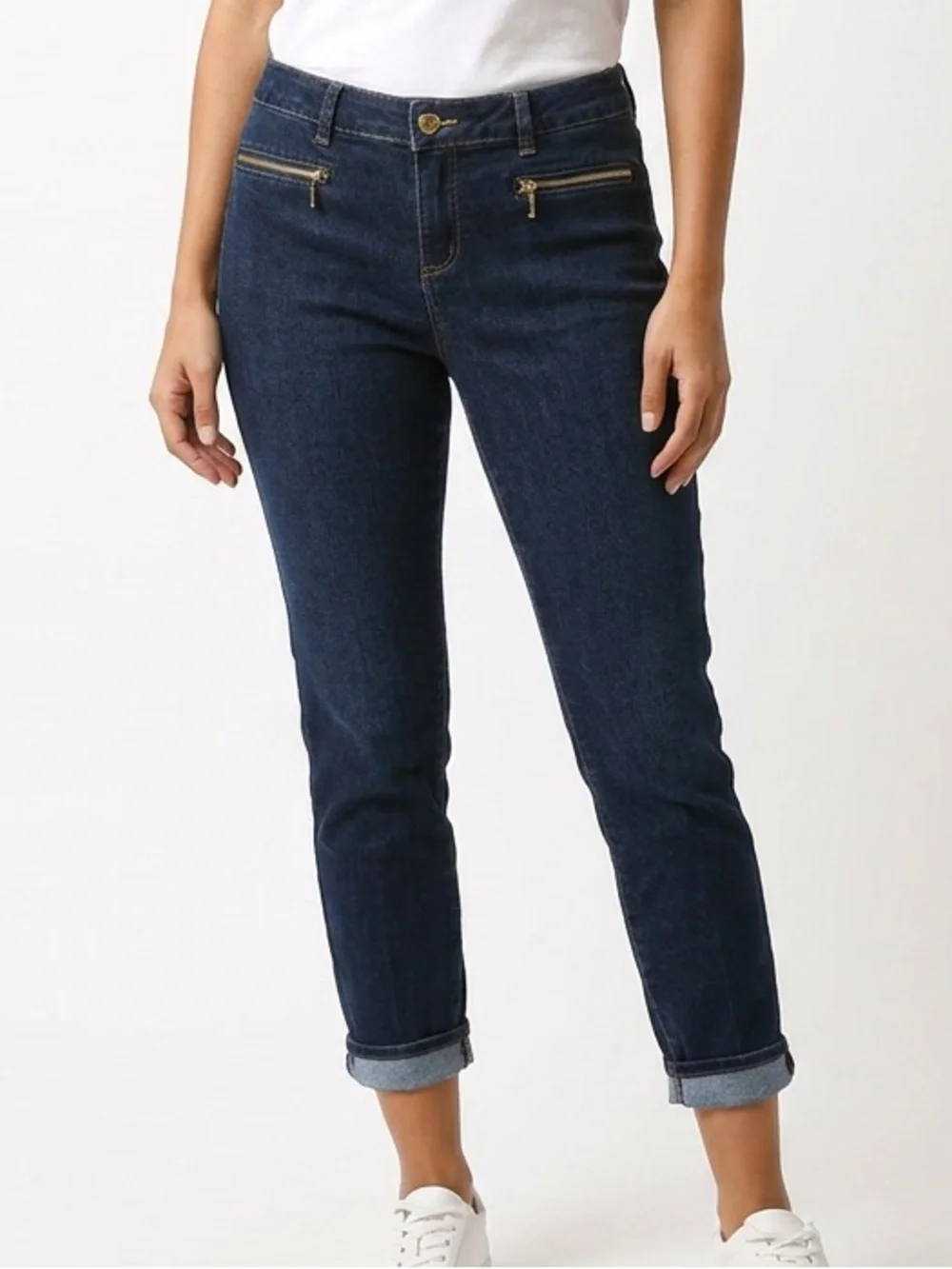 Michael Kors Dark Indigo Cropped Ankle Jeans with Gold Zips
